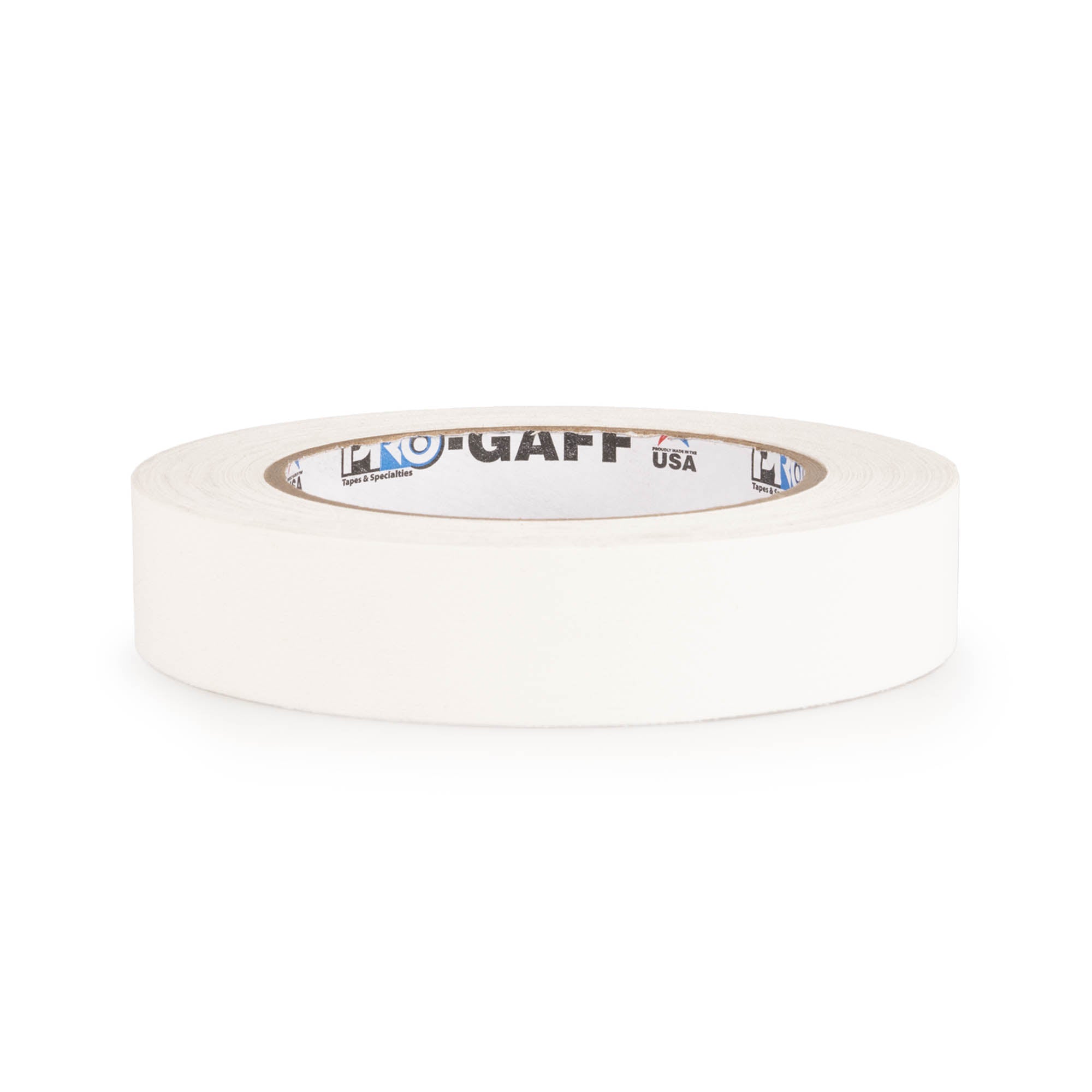 25m roll of pro gaff fabric adhesive tape in white laying in a white background