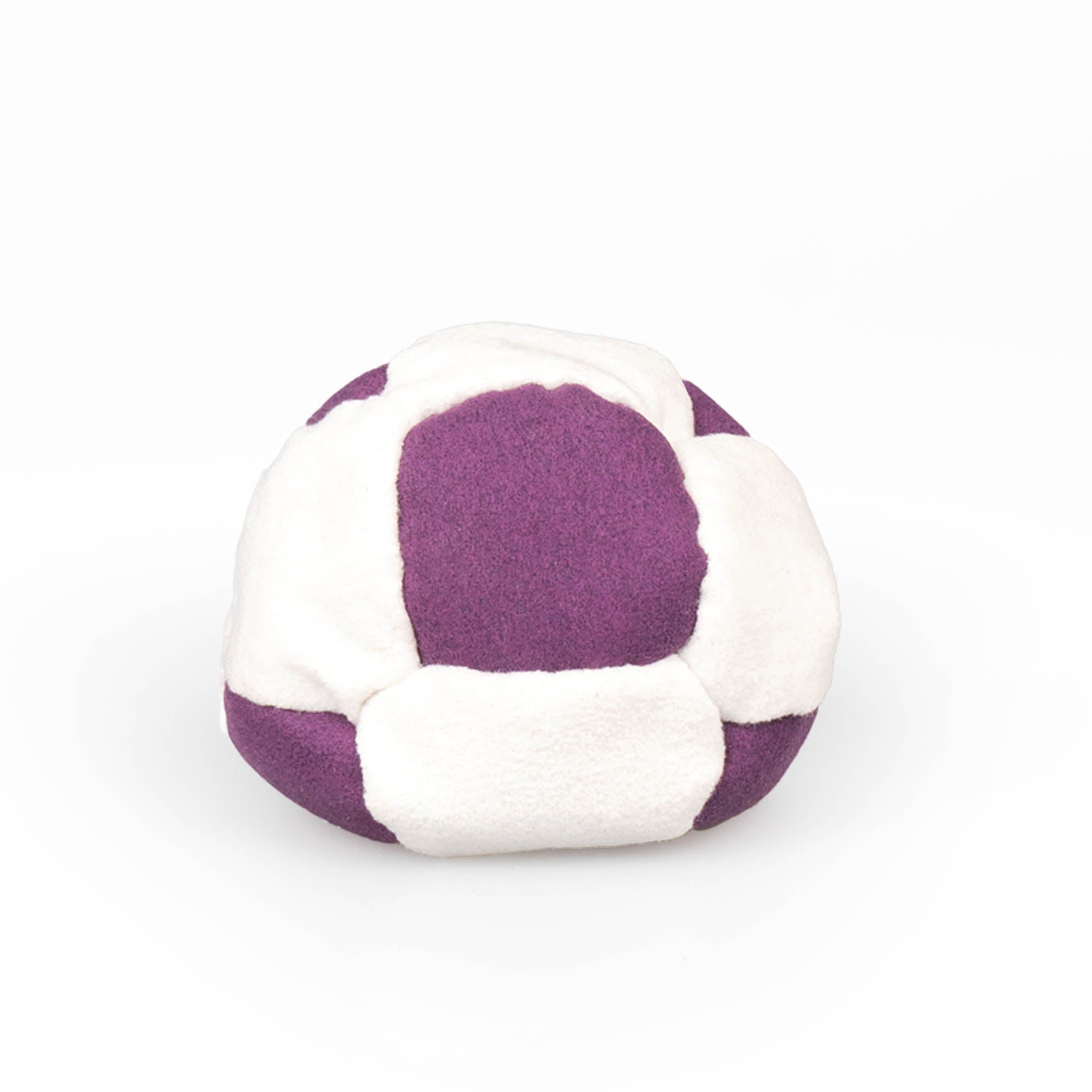 Purple and white hacky sack straight on