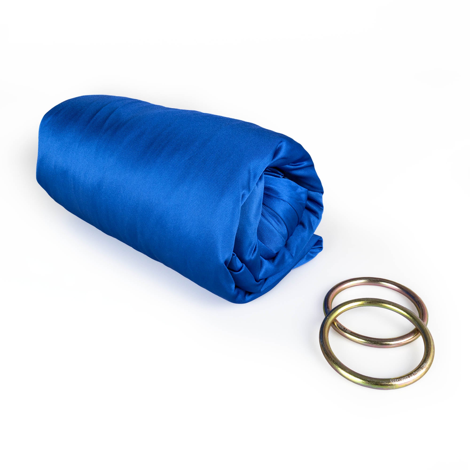 Royal blue yoga hammock rolled up with rings detached