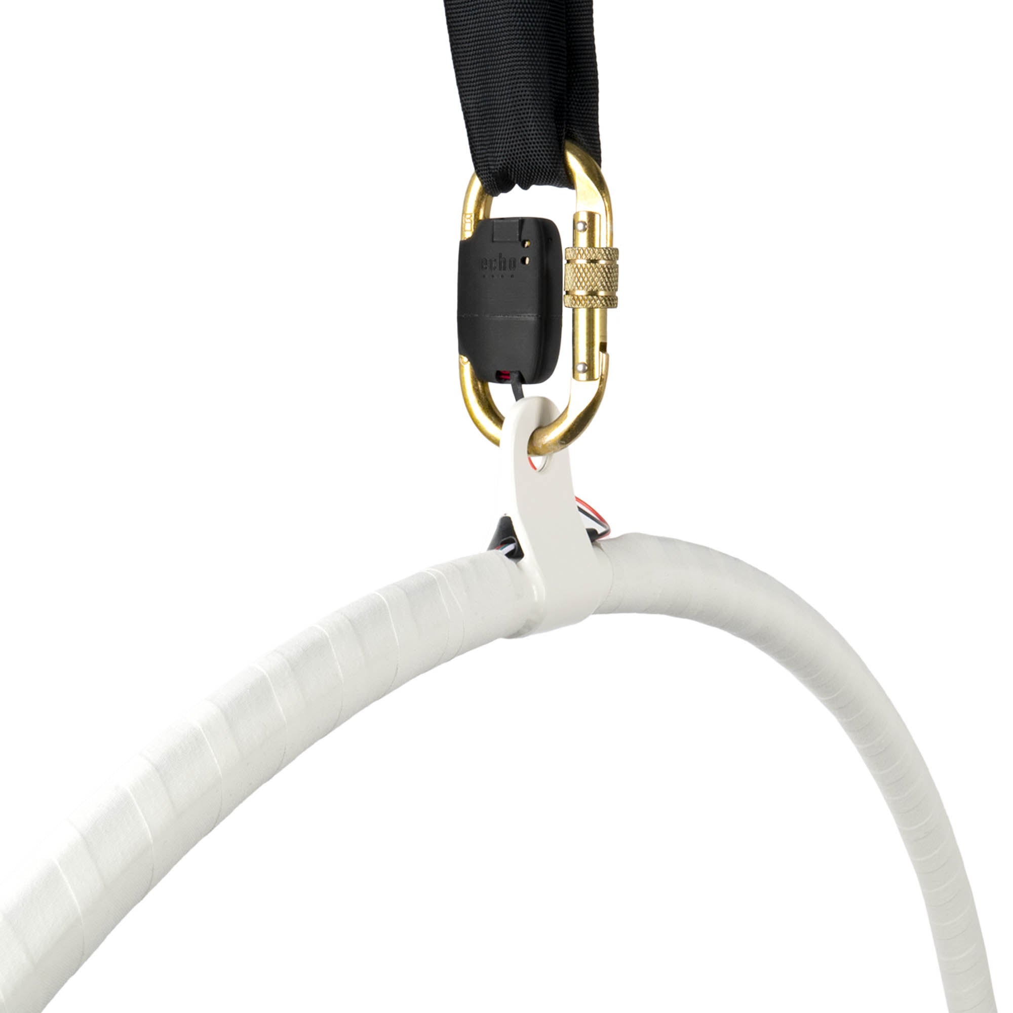 Firetoys x Echo LED aerial hoop showing echo branding on battery, hoop attached to carabiner and strop