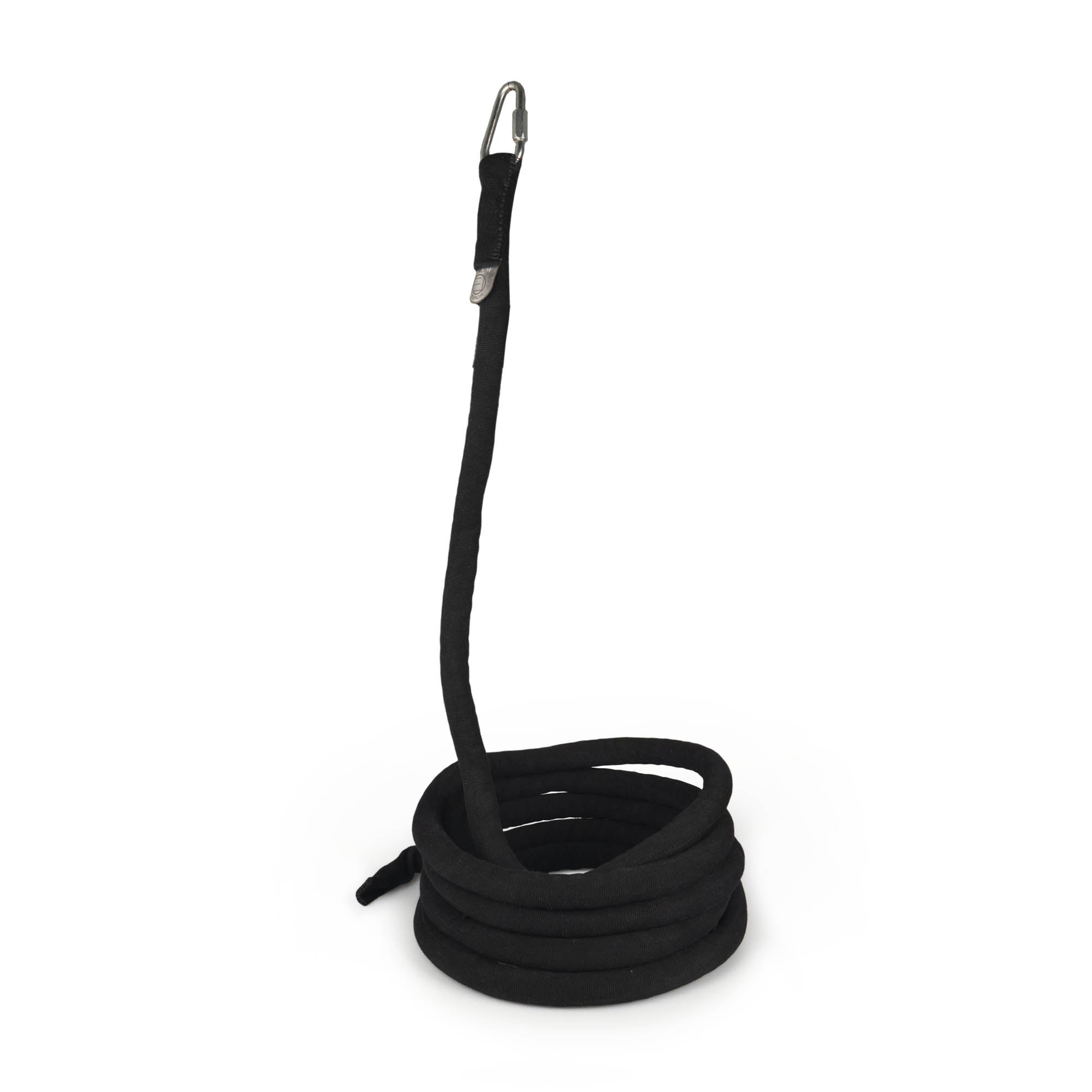 Black Leo cotton covered rope coiled with carabiner end extended