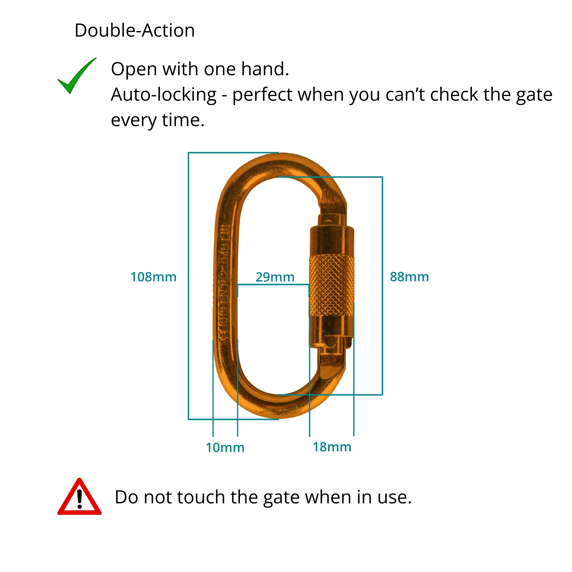 double action carabiner measurements and info
