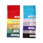 Silks fabric swatches in a line with names