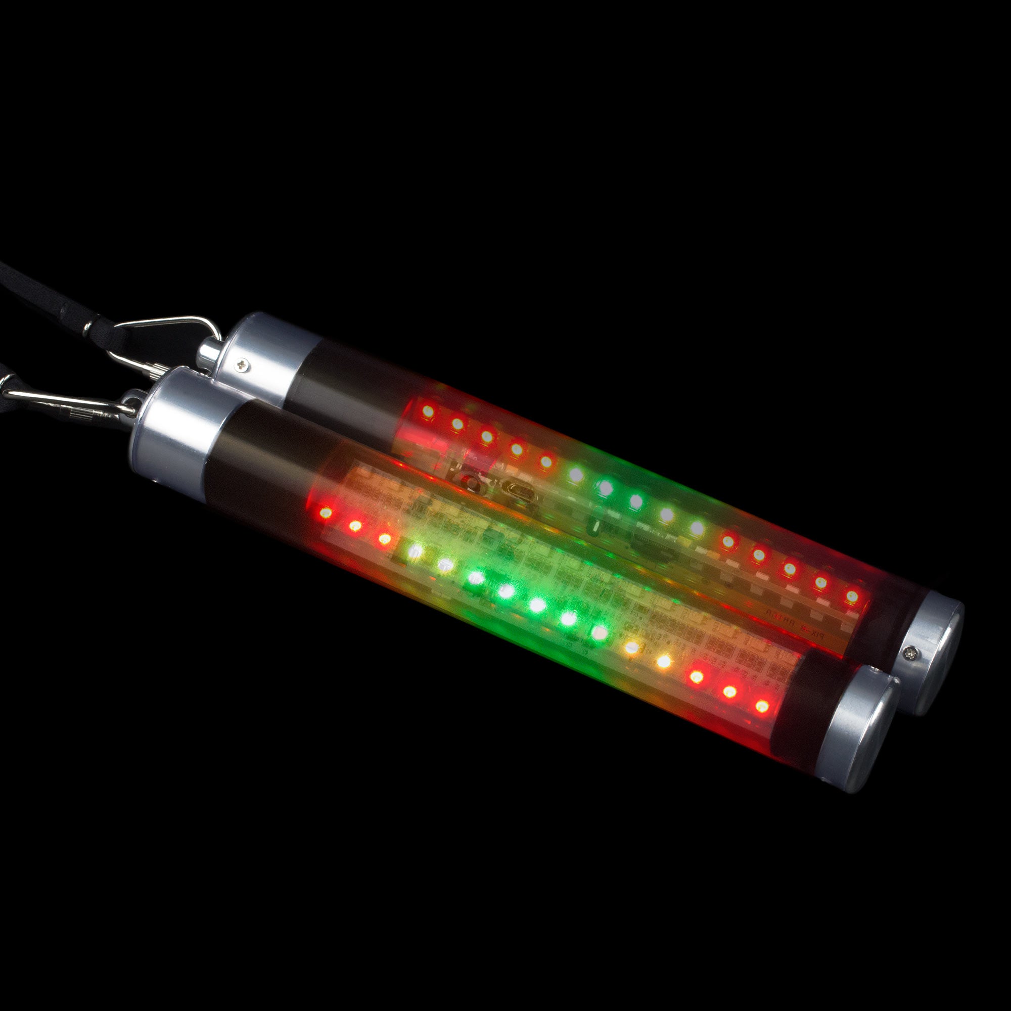 Lumin-Art Pixel Stick glowing, the lights are a red, orange, and green pattern