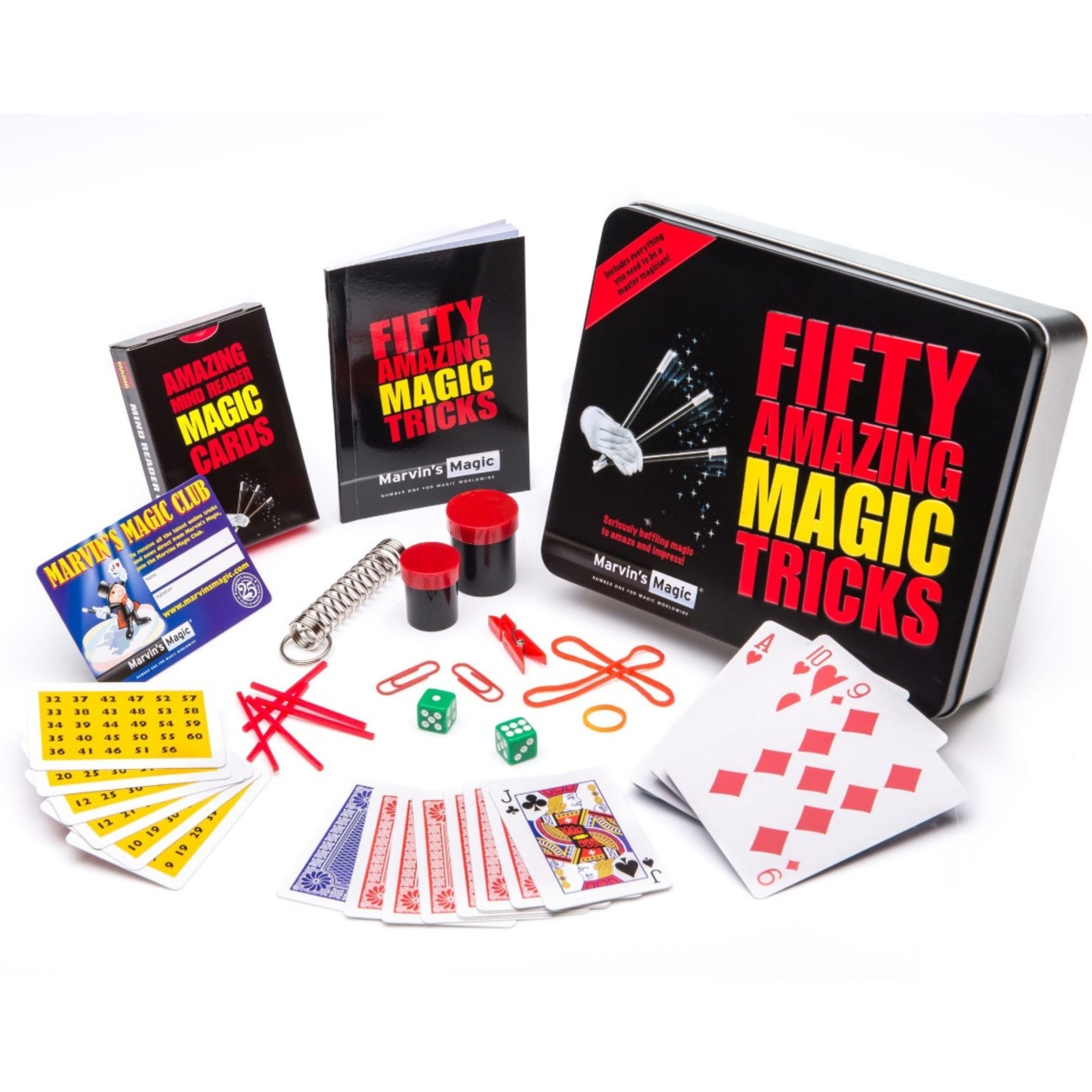 magic tricks tin and contents spread out
