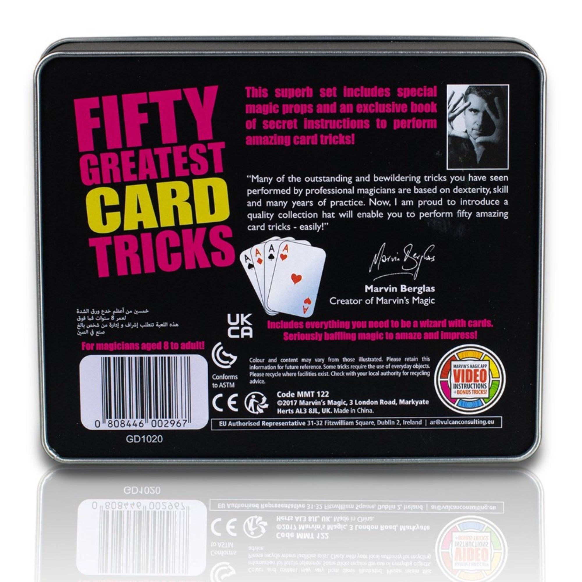 back of 50 card tricks tin